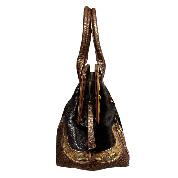 Cromia | Genuine Leather and Calf Hair Fur Doctors Bag Top Handle Satchel - Picture 3 of 9